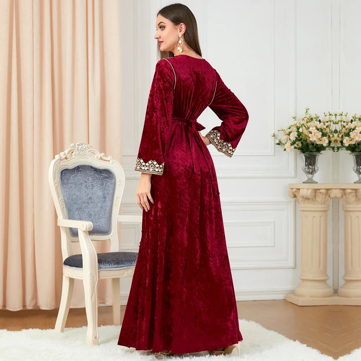 Autumn Winter Long Muslim Dress Women Velvet Abaya Dubai Turkey Dresses Caftan Marocain De Mariage Islamic Clothing Kaftan Robe