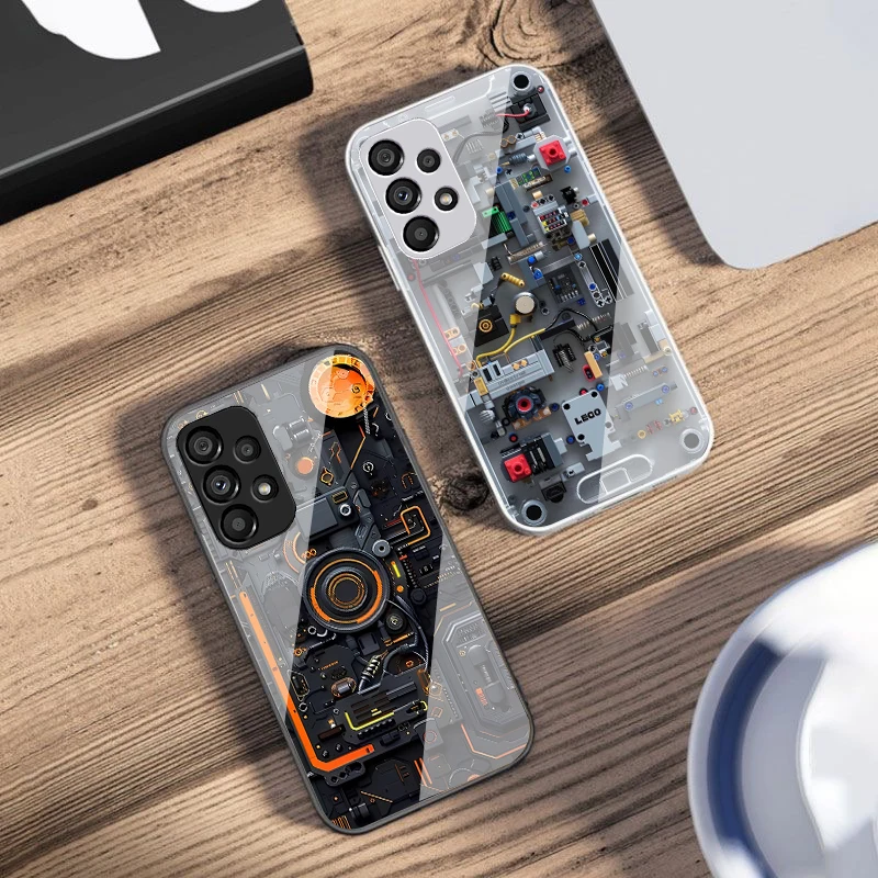 Luxury Black Mechanical Design Phone Case with Tempered Glass Cover
