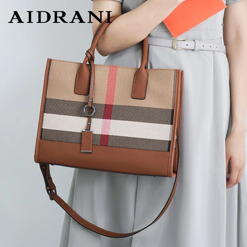 Aidrani   Classic genuine leather women's handbag, large capacity square checkered bag, canvas patchwork cowhide