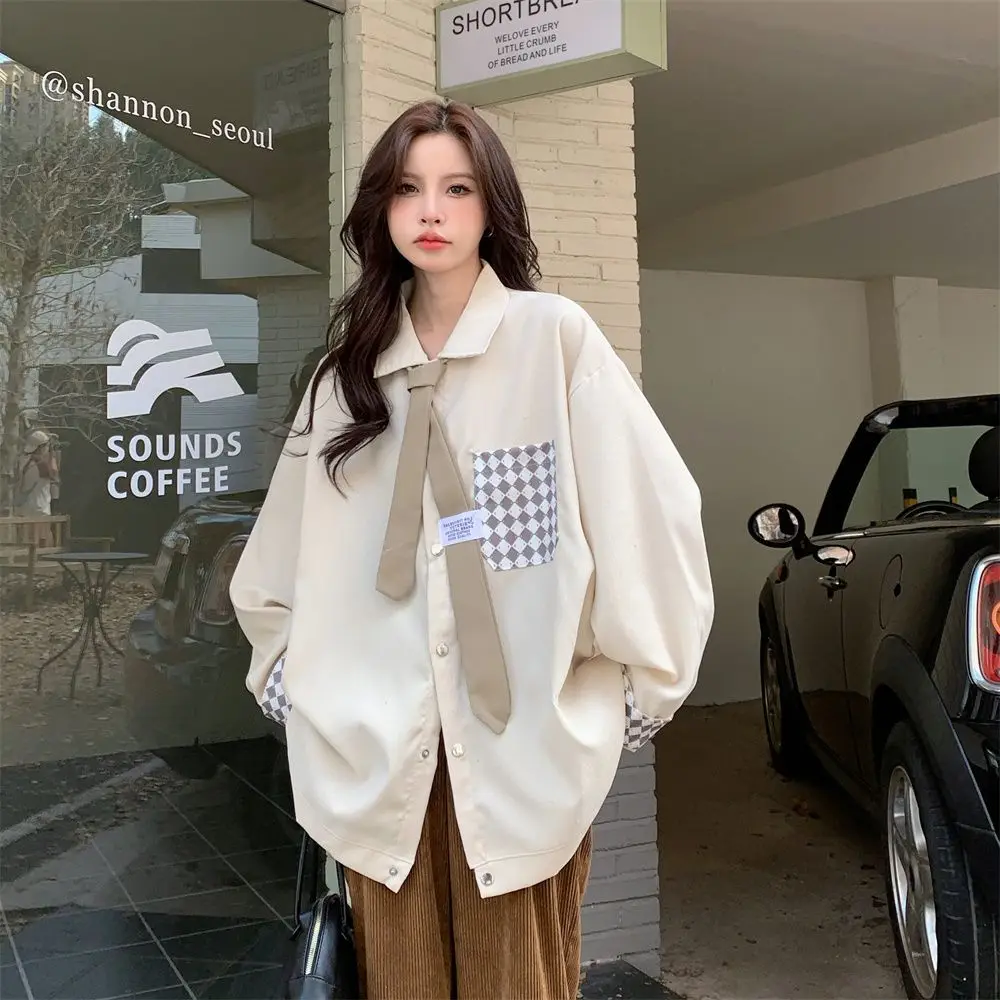 Vintage Streetwear Corduroy Shirts with Tie Spring Autumn Contrast Color Long Sleeve Oversize Blouses for Women Fashion 2022 jeans with rhinestones oversize pants y2k streetwear 90s clothes woman clothing spring 2023 women harajuku fashion grunge urban