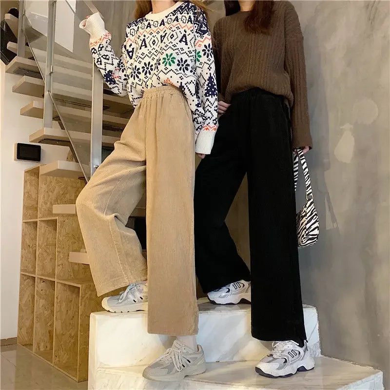 Wide Leg Pants Women's Autumn and Winter 2023 Retro Disc Buckle High Waist Slimming Corduroy Fashion Wide Leg Casual Trousers