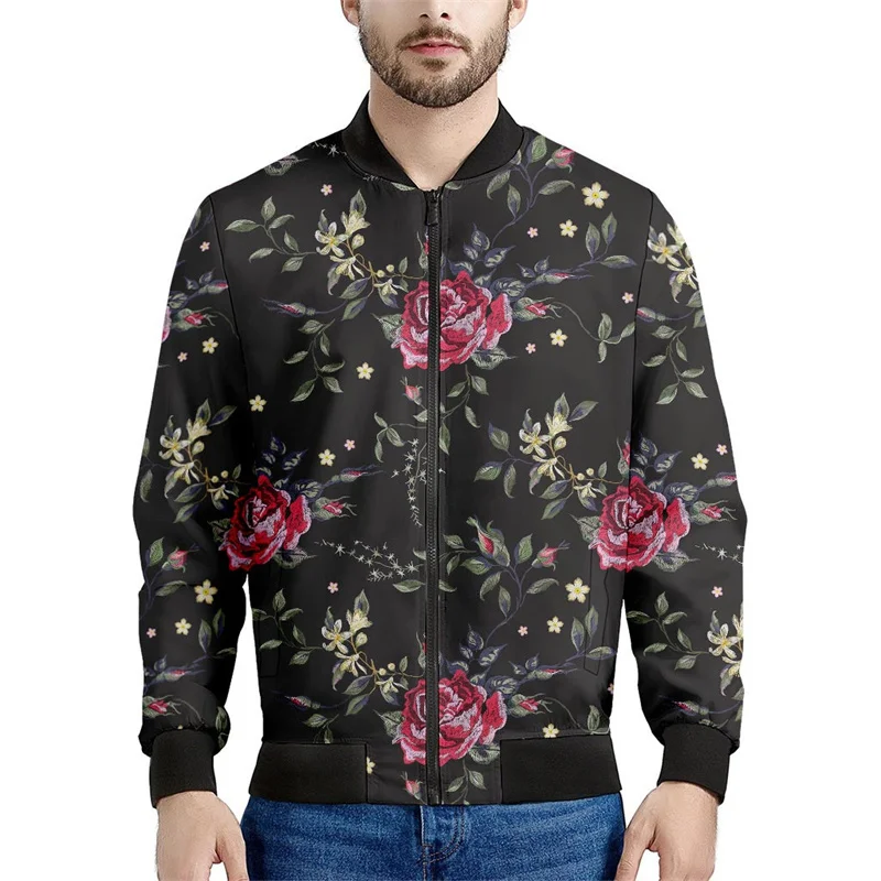 thumbnail image 1 of Chaqueta con cremallera y estampado de flores de rosas para hombre, abrigo con estampado floral en 3D de plantas, chaquetas informales de gran tamaño, ropa de calle, mangas largas, 1 of 4