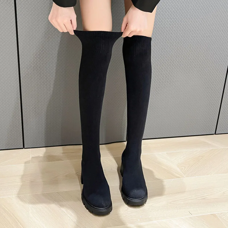Lucyever Autumn Winter Women's Over The Knee Sock Boots Stretch Knitted Thick Heels Long Boots Woman Slip On Platform Shoes