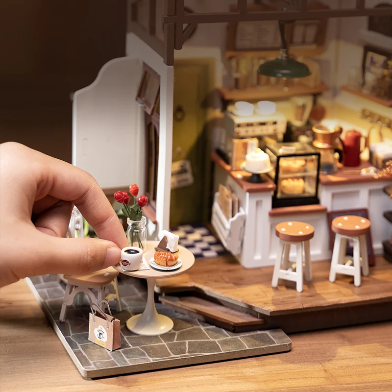 Robotime Rolife No.17 Café Miniature House Kit for Kids Adults DIY Dollhouse  3D Wooden Assembly Building Toys Home Decoration 3