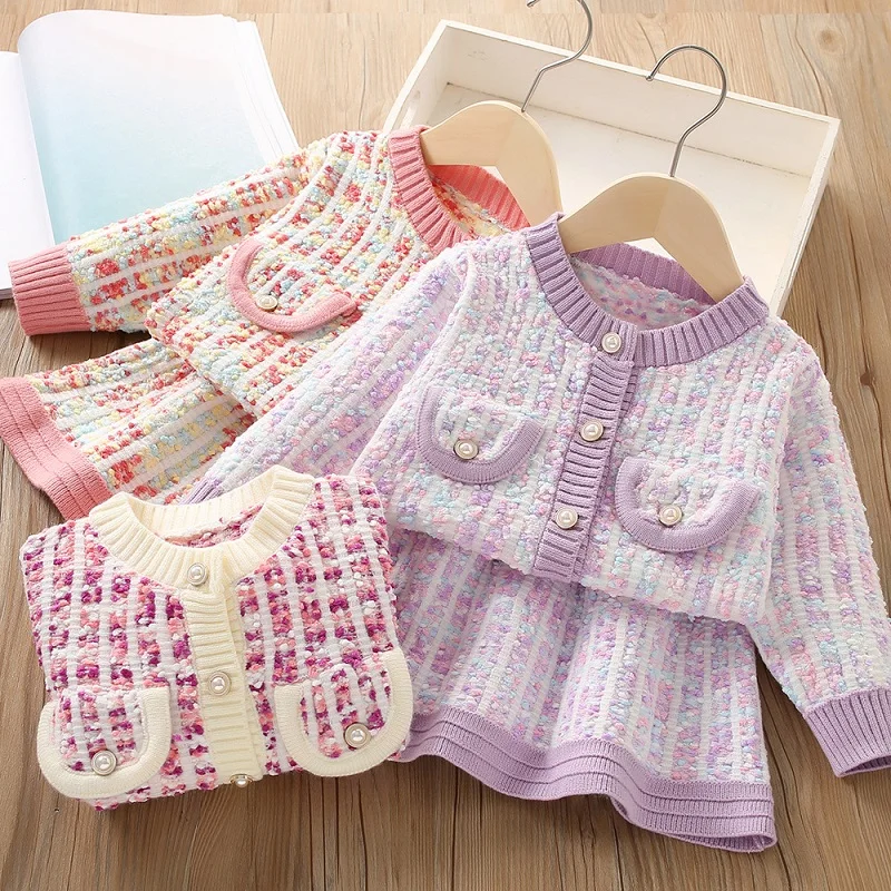 Baby girl winter knitted dress autumn children's warm girl sweater+half skirt children's casual solid color princess dress