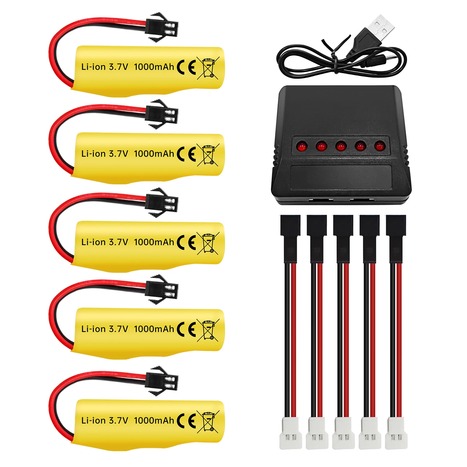 ZYGY 5 Batteries 3.7V 500mAh + Chargeur 5-en-1 - Compatible DE35 DE38 DE40 DE50 TB202 TM201, Voiture RC Double Face, Lot De Rechange