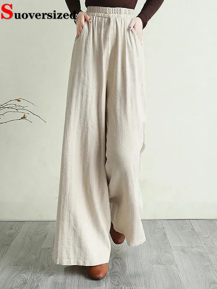 

Summer Loose Cotton Linen Wide Leg Pants Elastic High Waist Women Casual Pantalones Oversize Vintage Thin Baggy New Trousers