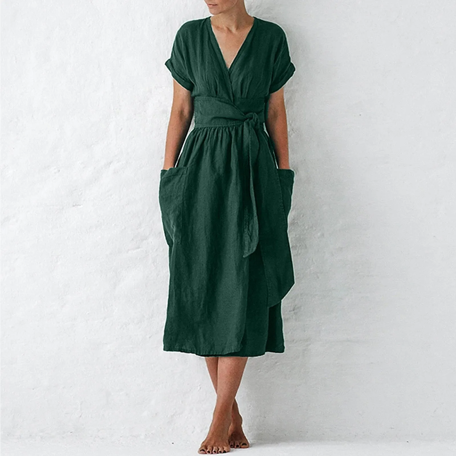 

Vintage Cotton Linen Summer Dress Women Casual Solid V-neck Short Sleeve Dress big Wrap Pocket Split Hem Sash Robe Femme