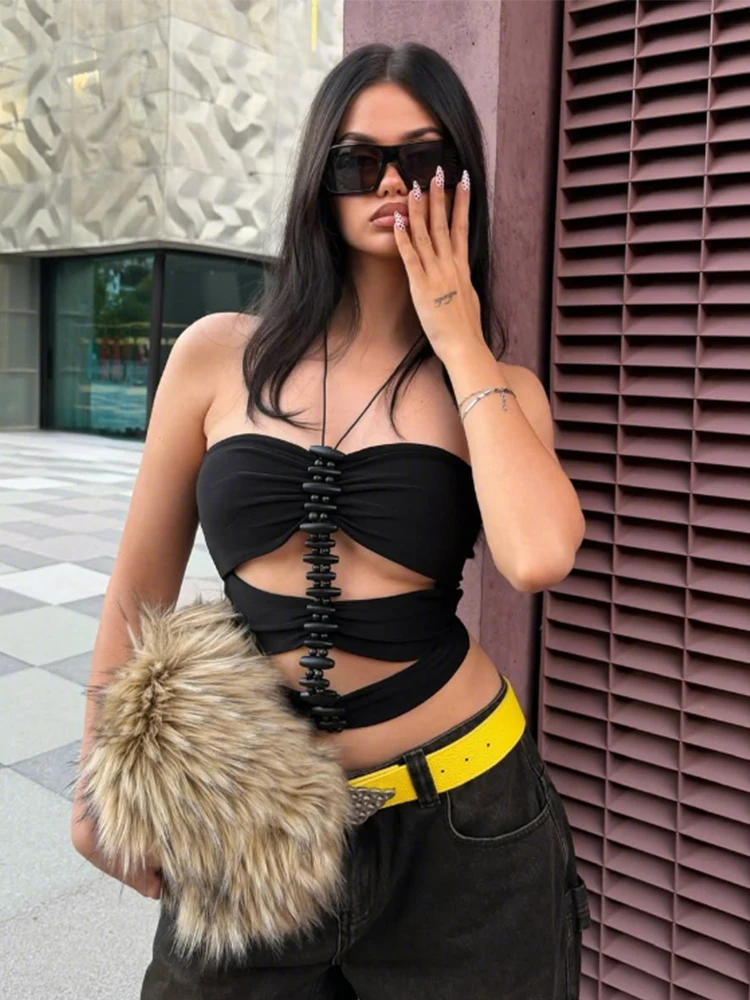 Nibber Hollow Vest Women Halter Beaded Decoration Sexy Midnight Wild Party Street Hottie Fashion Music Festival Skinny Crop Tops