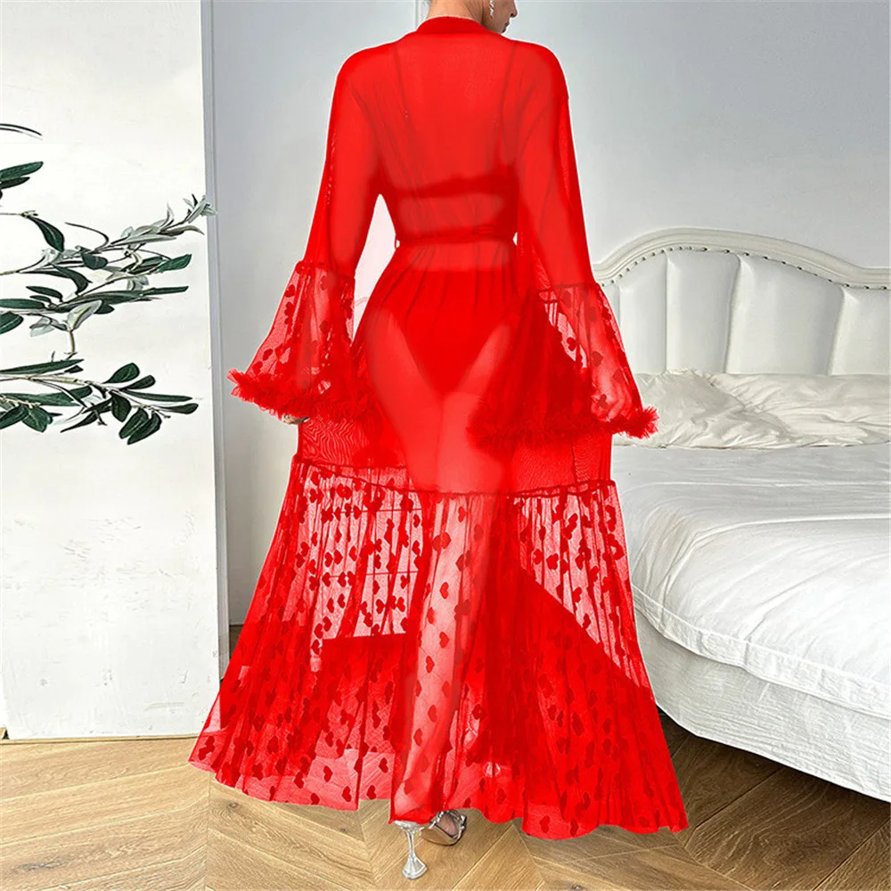 Sexy Transparent Mesh Robe Kimono Bathrobe Gown Nightgown Casual Women Nightwear Sleepwear