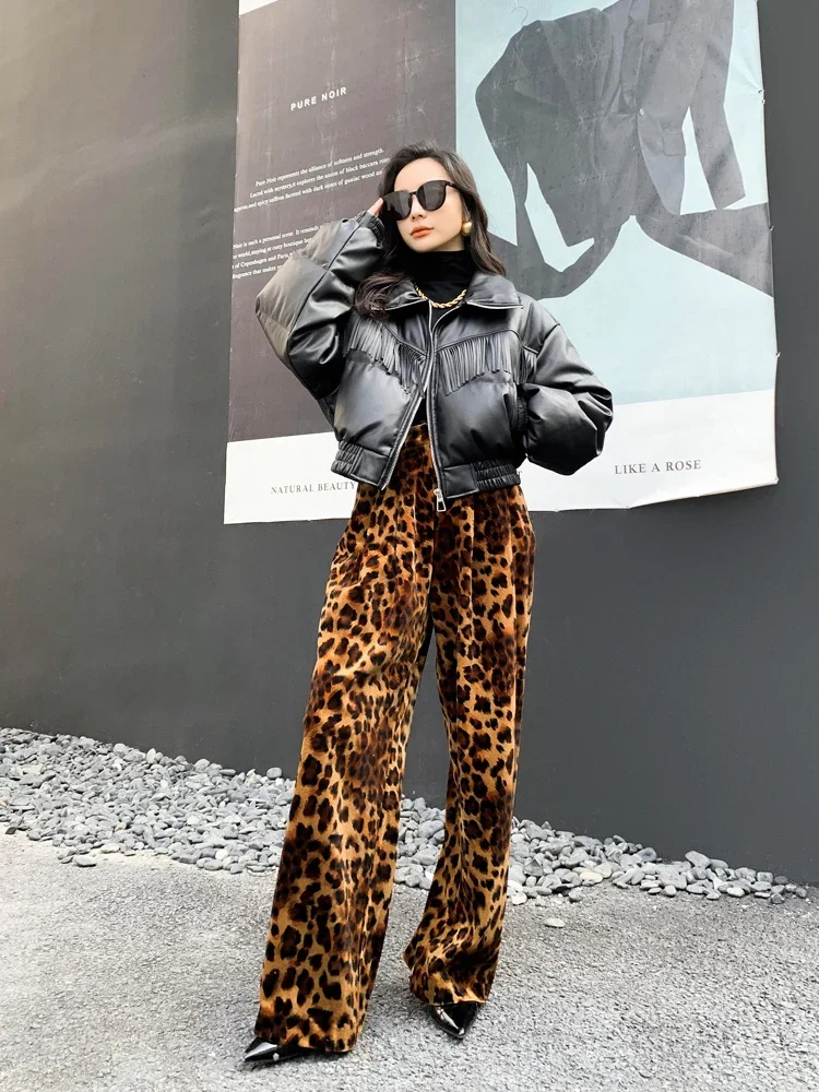 Vintage Leopard Print Gold Velvet Trousers Female Spring Autumn New Streetwear Loose Women's High Waist Wide-Leg Straight Pants