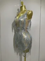 Sparkly Rhinestone Tassels Sexy Mesh Mini Dress 2025 Women Evening Birthday Party Dresses Nightclub Performance Stage Costume - Image 2