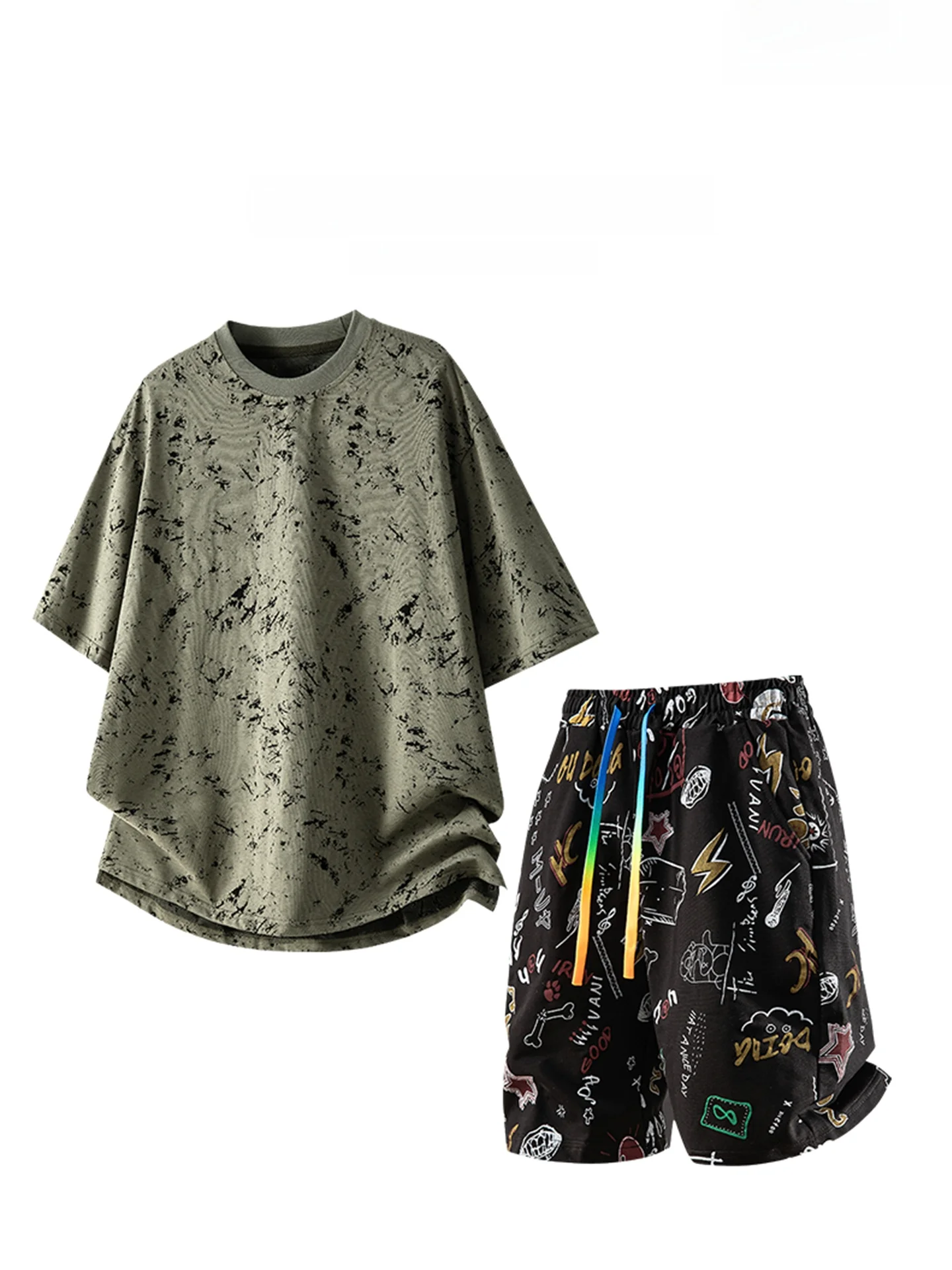 Kith 남성 캐주얼 스포츠 세트 여름 루즈한 반팔 티셔츠 반바지 코튼 폴리에스테르 혼방 청소년 패션
