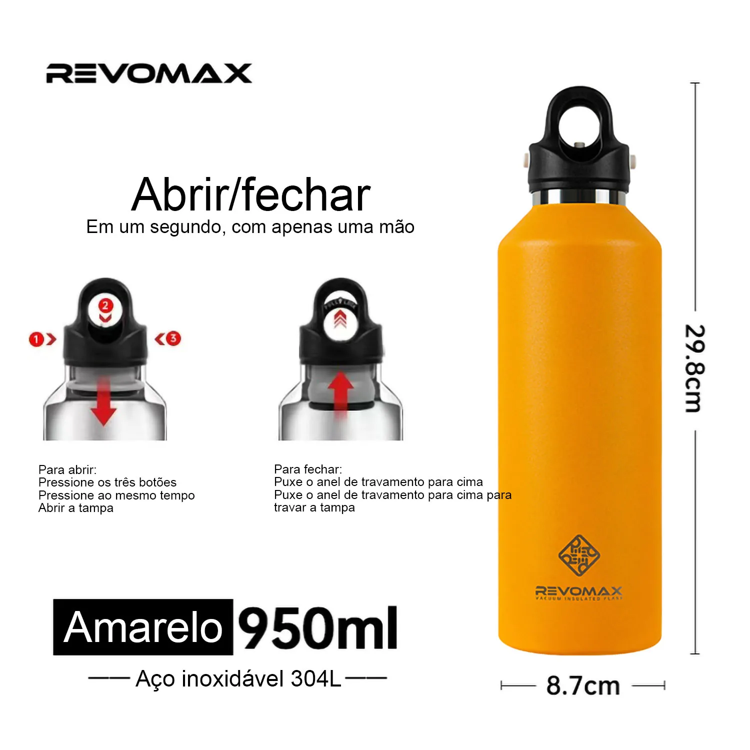 REVOMAX Garrafa Térmica de Agua Vácuo Aço Inoxidável，Sem Parafuso Abertura Com Uma Mão, 950ml 7