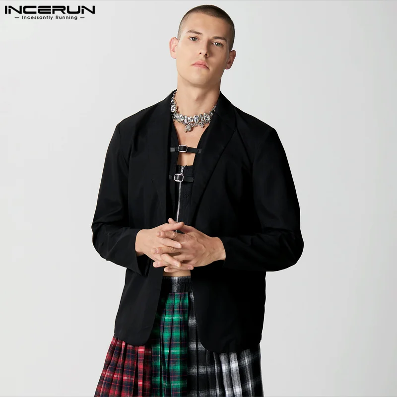 

Топы INCERUN 2023, стильный мужской костюм в американском стиле с металлической пряжкой, повседневный однотонный блейзер с длинными рукавами, горячая распродажа