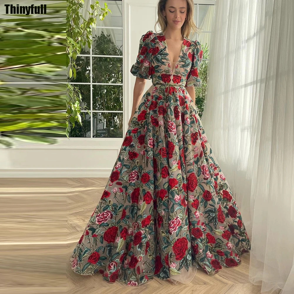 Thinyfull Elegant Flower Prom Dresses V-neck Half Sleeves Tulle Evening Gowns Floor Length Formal Occasion Dress Robe De Soirée