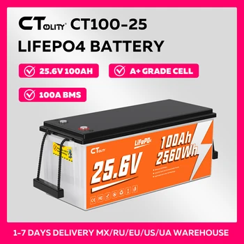 CTOLITY CT100-25 25.6V 100Ah 2560Wh LiFePO4 Batteria incorporata 100A BMS Celle di grado A Max 2560W 4000+ Ciclo Generatore solare RV