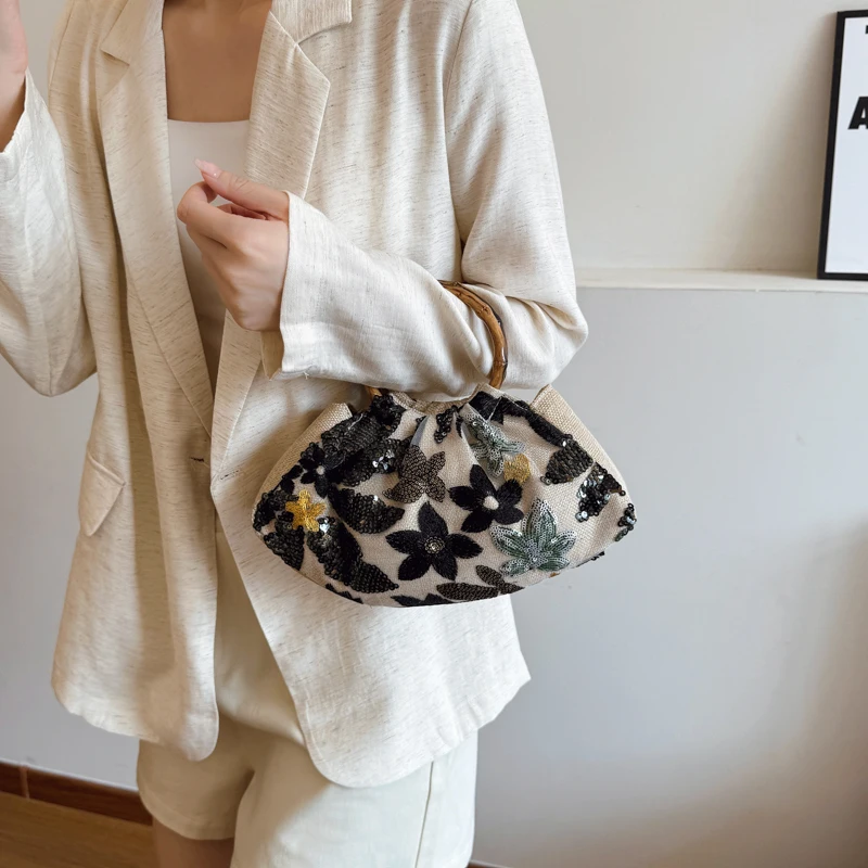 Floral Sequin Metal Top Handle Bag for Women Girls Pleated Clutch Purses Evening Clutch Bag Wedding Guest Dress Party Clutches