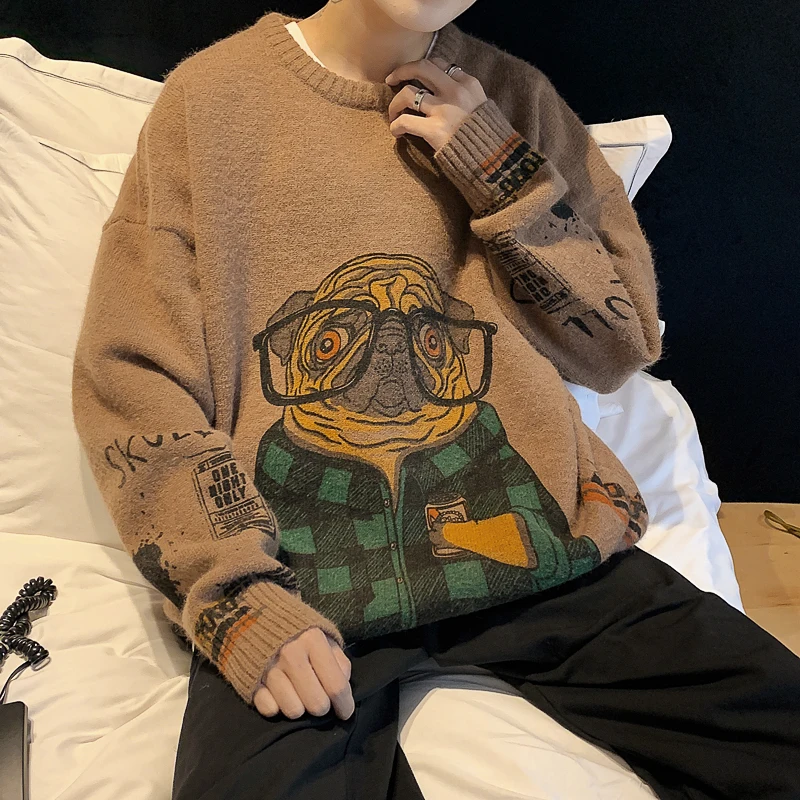 

Men Sweater Cartoon Print Sweater Funny Anime Jumper Knitwear Sweater Men Hipster Streetwear Loose Fashion Pullover Male 2020