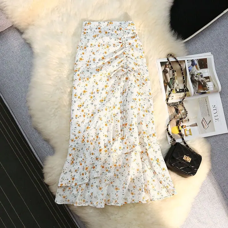 Chiffon floral irregular fishtail skirt new high-rise slim print pleated design skirt woman sexy open crotch mini jean skirt summer three hidden zippers short dress high rise crotchless clubwear outdoor easy pants