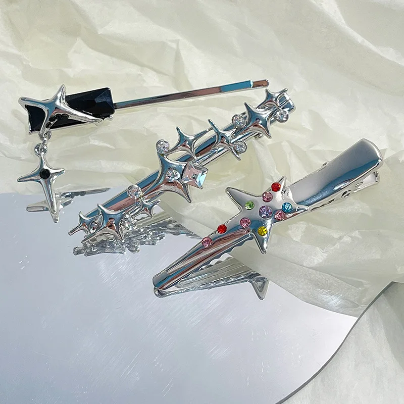 Y2K Star Cross Hair Clips Cool Colorful Crystal Pentagram Hair Pins Sweet Cute Metal Hair Accessories for Girls Women Gifts