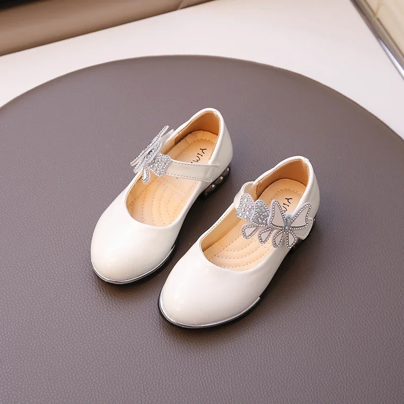 Girls Rhinestone Princess Shoes Children Leather Shoes for Party Wedding Kids High Heels Performance Shoes with Butterfly-knot