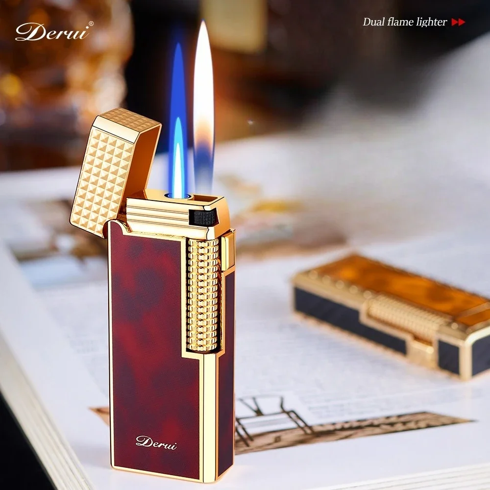 Gas lighter DERUI Narrow Version Dual Flame Switching Exquisite and Compact Metal Grinding Wheel Gift for Men and Women