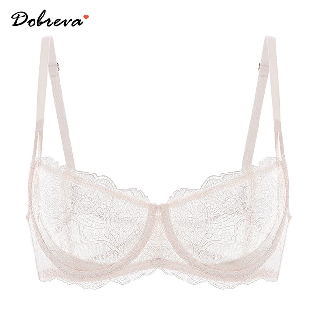 DOBREVA Women's Lace Bra Balconette Push Up Sexy Plus Size Unlined Sheer  Underwire Floral See Through Lingerie