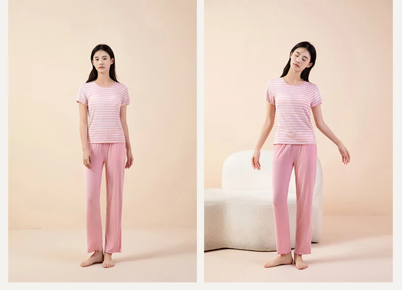 M-3XL Mode Gestreiften Drei Stücke Set Neue Modale Schlaf T-shirt + Shorts + Hose Hause Anzug Sommer Pyjamas Für Frauen nacht Kleidung – Detail 4