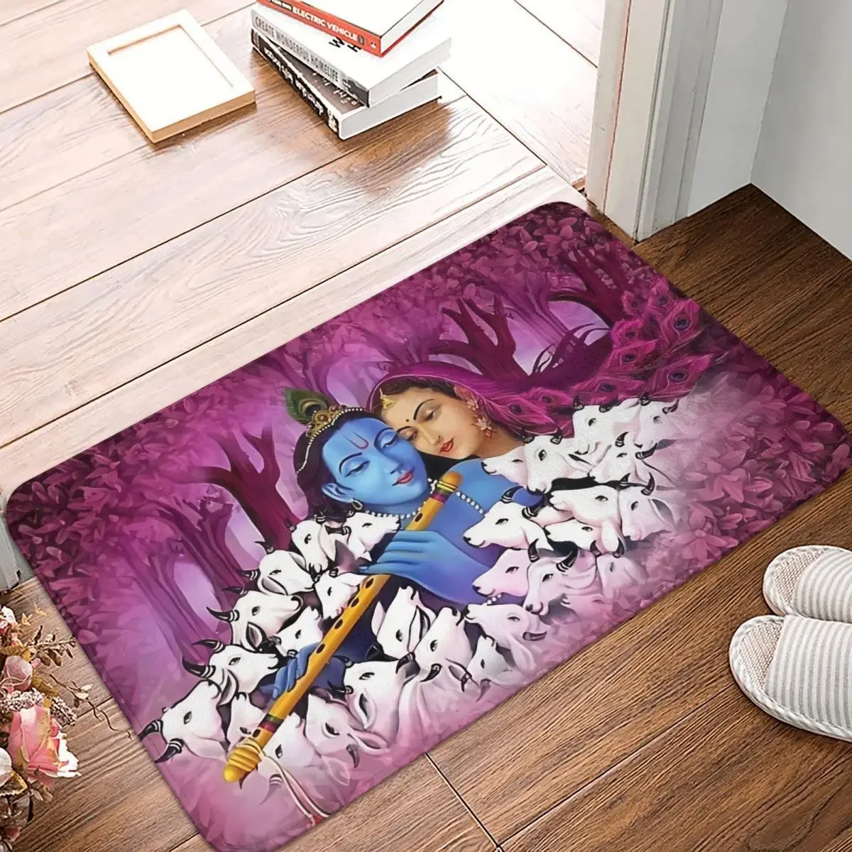 

Indian God Goddess Of Love Non-slip Rug Doormat Bath Mat Gokul Hare Krishna Hallway Carpet Welcome Decor