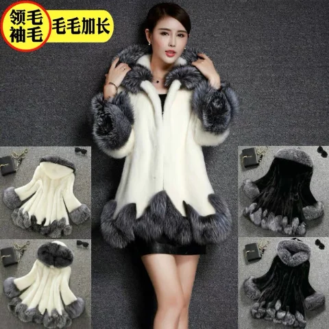 Faux Mink Fur Coat Women White XS-6XL Fox Fur Collar Thick Warmth Light  Luxury Winter Fashion Elegant Big Style Clothes Feminina