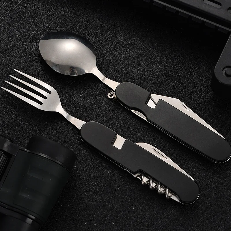 Tablespoon Set 4 In 1 Foldable Spoon Knife Fork Bottle Opener Stainless Steel Folding Pocket Kits Outdoor Tableware Set Kitchen
