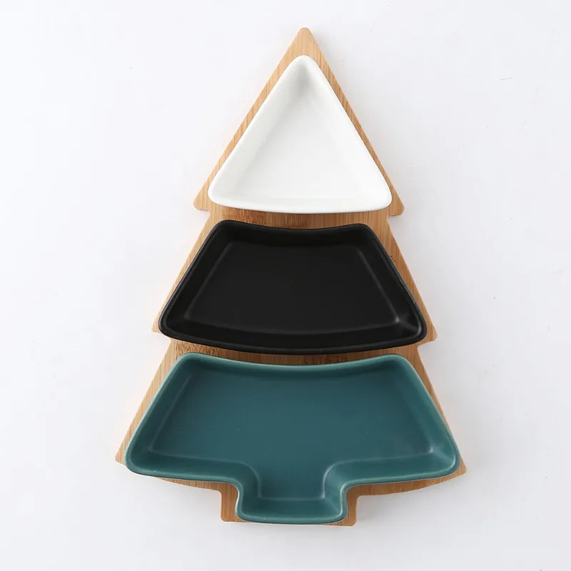 Creative Christmas Tree Ceramic Snack Plate with Bamboo Plate Christmas Tree Shaped Plate Dim Sum Fruit Plate Candy Plate