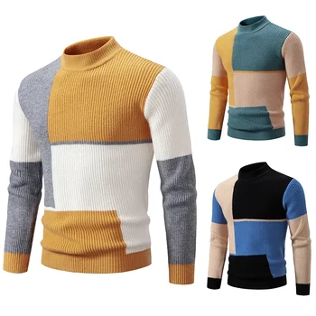 Maglione di lana abbinato multicolore alla moda da uomo Dolcevita casual comodo maglione autunnale e invernale a maniche lunghe 1