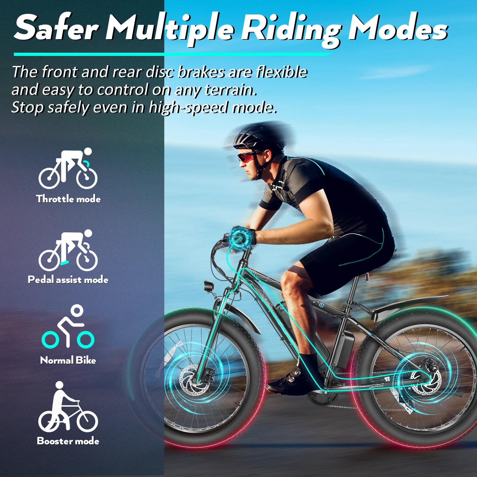26" x 4.0 Fat Tire Electric Bike 500W Motor 48V 13Ah Removable Battery 7 Speed 25MPH Cruise Control Up to 50 Miles