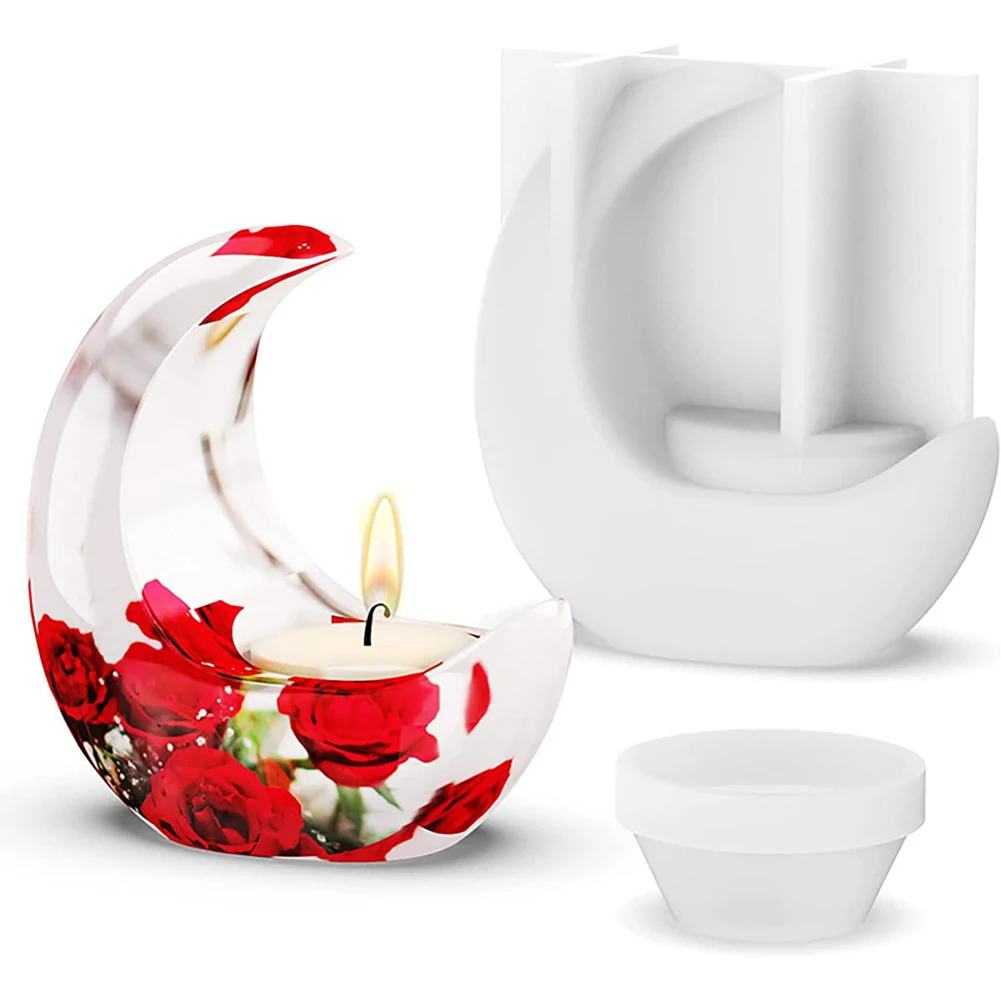 SiliconeCandleHolderMould3dDiyCrystalEpoxyResinCurvedMoonCandlestickCastingMold