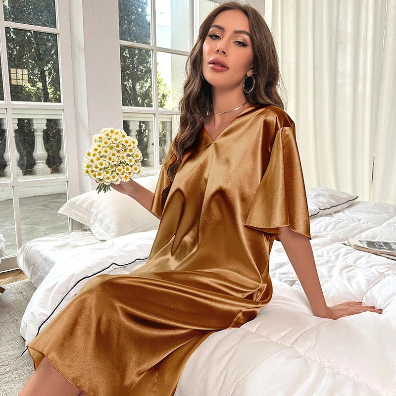Women Sleepwear Ice Silk Long Pajamas Short Sleeves Dress Party Sexy Satin Nightdress Plus Size Cool Feeling Thin Homewear