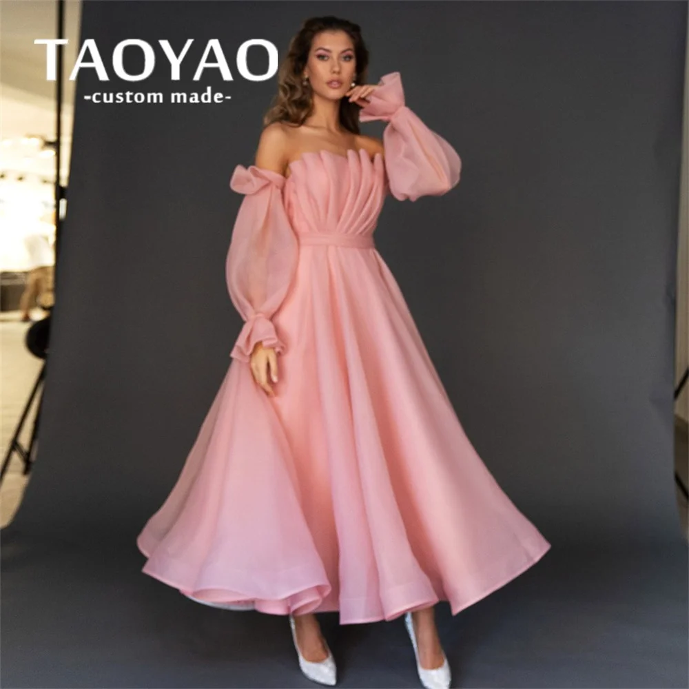 

Pink Popular Long Formal Evening Gowns Off The Shoulder Strapless Party Dresses A Line Puff Sleeves Prom Dresses Robes De Soirée