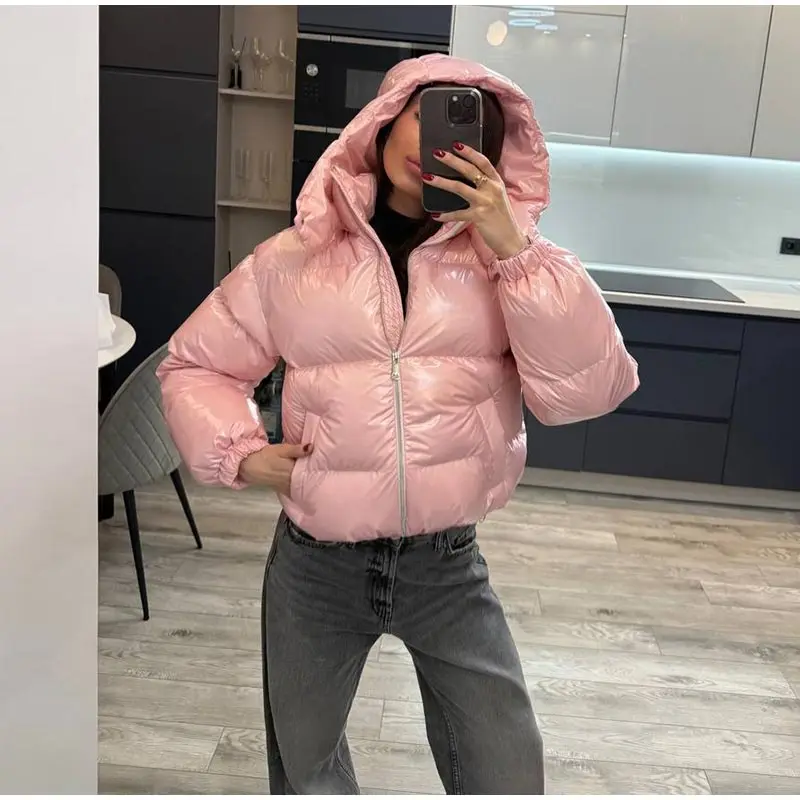 Glossy Cropped Hooded Puffer Coat Drawstring Hem Zip-Up 2026 Winter Women Warm Padded Jacket Warm Causal Lady Cotton‑Padded Coat