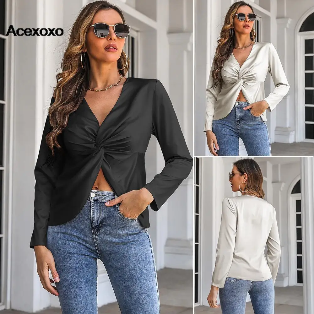 

Europe and the United States new kink satin color Ding shirt women's long sleeve shirt autumn and winter new top