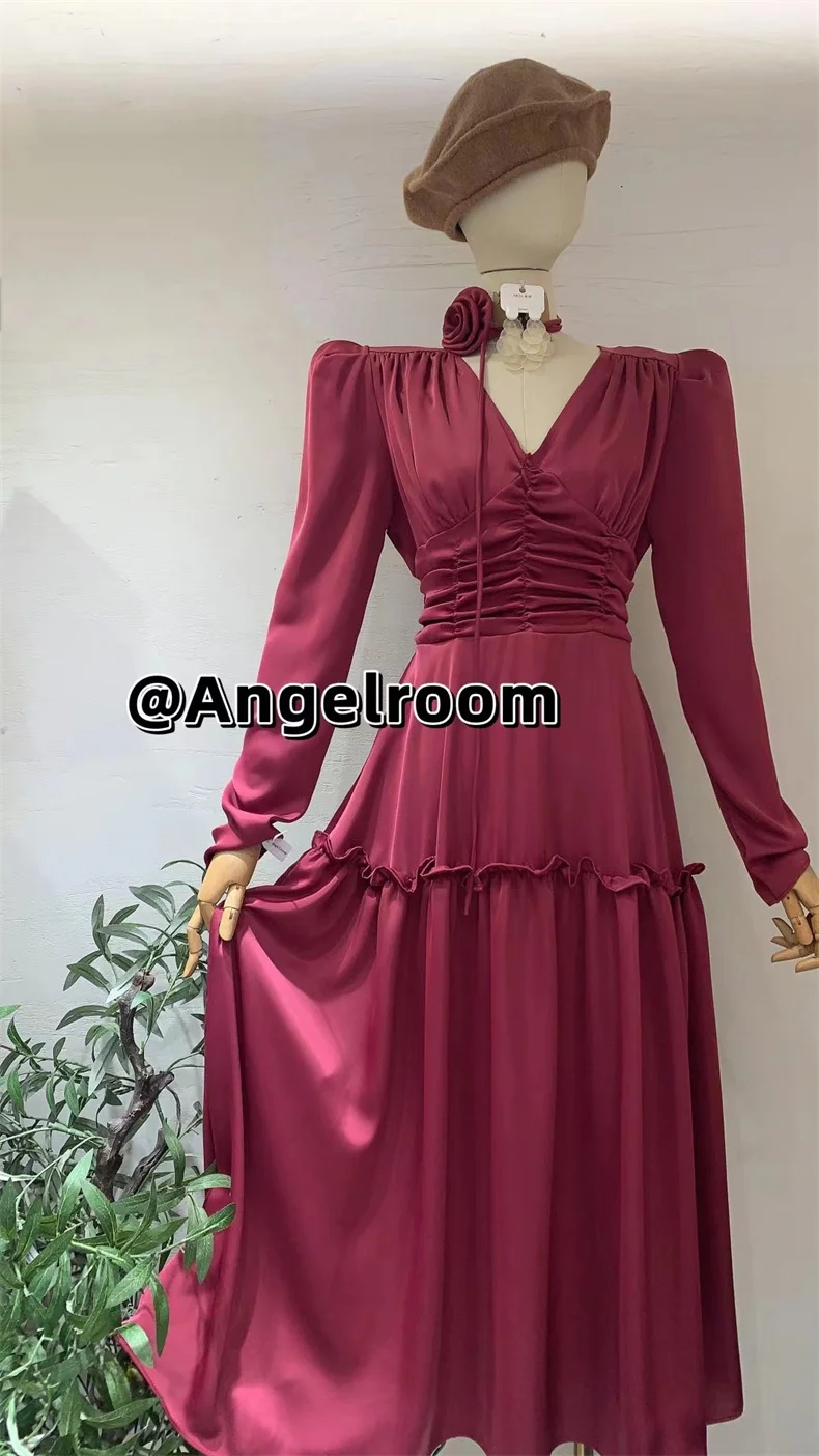 Autumn Satin Midi Dresses for Women Long Sleeve V-neck Folds Design A-line Korean Fashion Office Lady One Piece Vestidos New