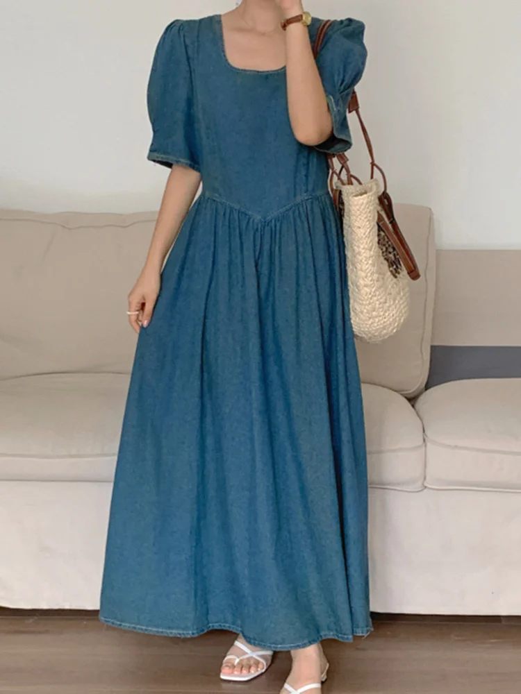

Women O Neck Pleated Waist Dress Slim Fit Puff Vintage Blue Denim Dresses 2023 Summer New Fashion Tide Female Vestido Y149