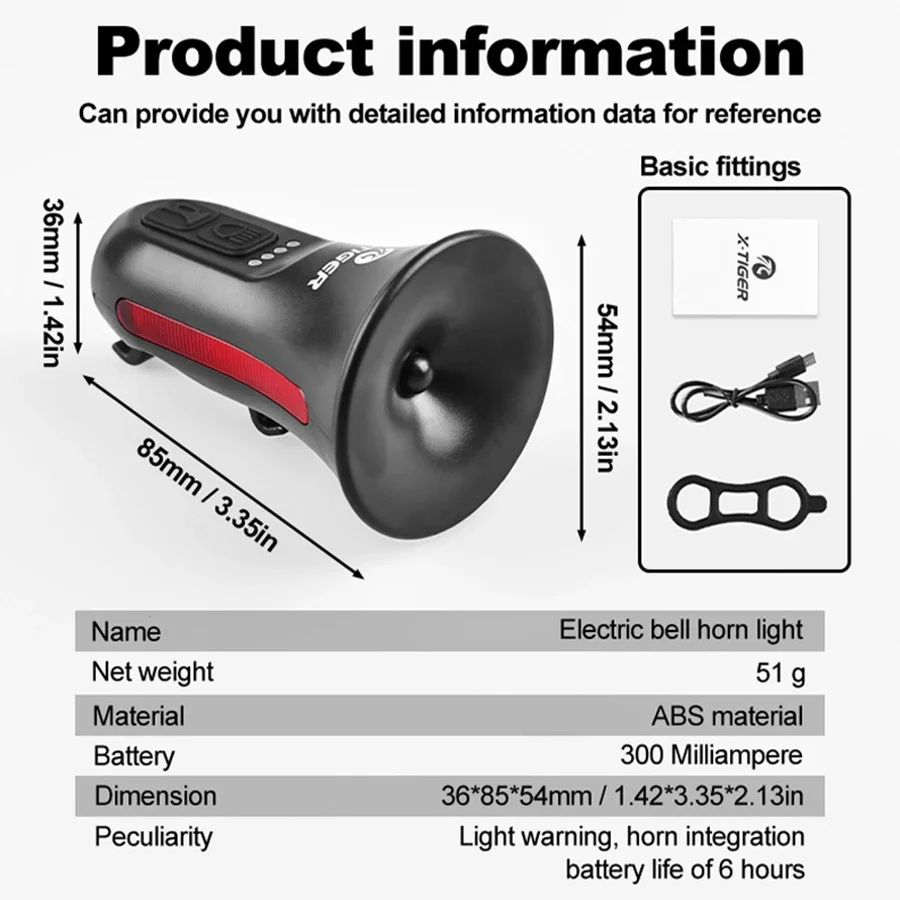 Bicycle Horn Electronic Lighted Warning and Siren Integrated Battery Life 6 hours Suitable for Road and Mountainbikes