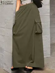 ZANZEA Women Elastic Waist Jupes Vintage Cargo Maxi Skirts Casual Loose Big Pocket Long Skirts Autumn 2023 Faldas Streetwear