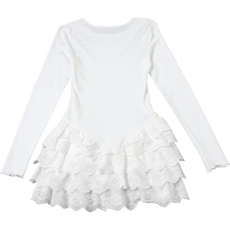 Fantoye Otoño Nuevo Vestido de Encaje con Cuello Redondo para Mujer, Blanco, de Manga Larga y Cintura Alta, Vestido Ajustado Elegante para Fiesta y Club.