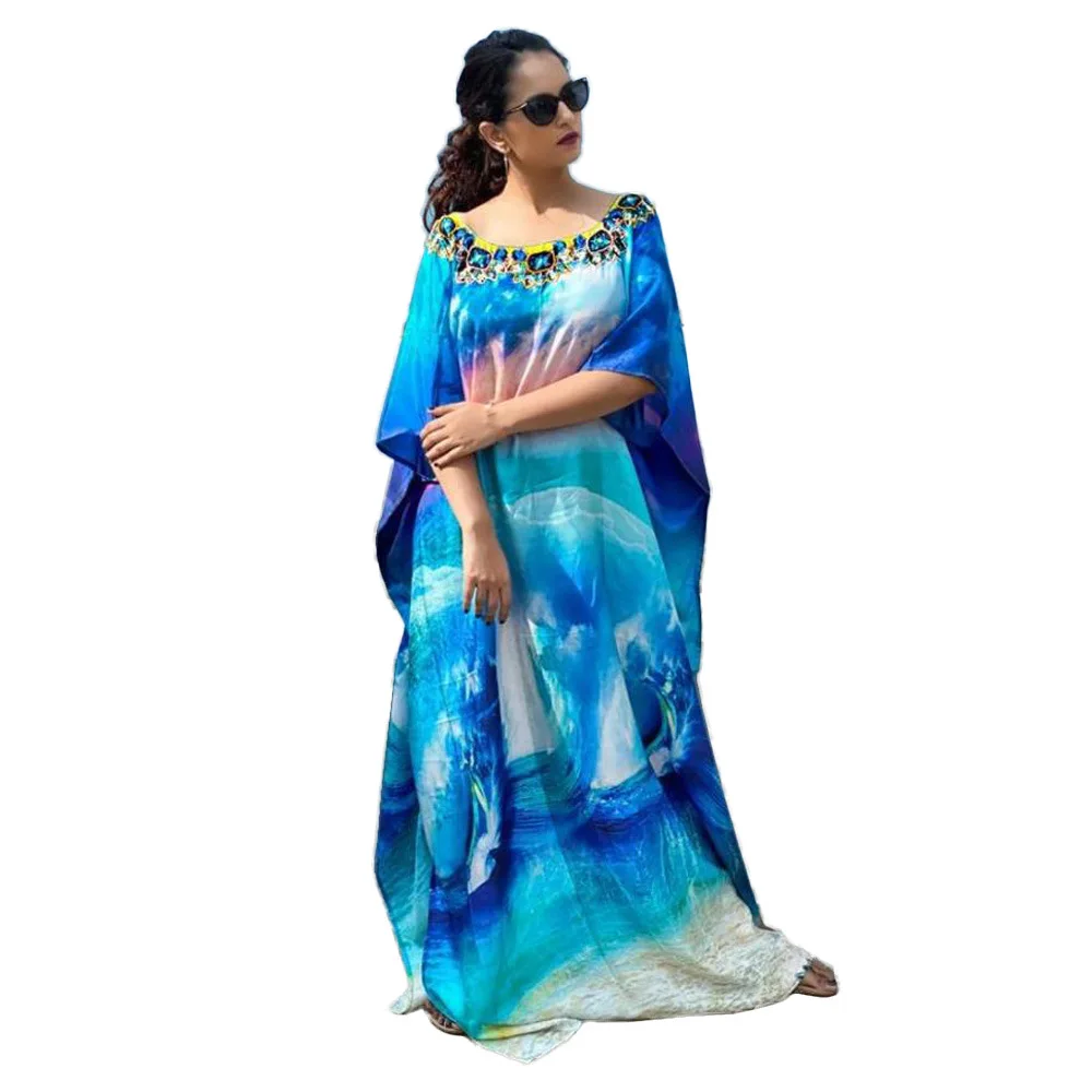 Women African Dress Muslim Ladies Robe Blue Printed Short Sleeve Loose Beach Long Dress 2022 Summer Casual Ethnic Wear Vestidos 2022 ladies fashion bohemian ethnic plaid tassel viscose shawl scarf echarpe foulard femme bufanda mujer wrap muslim hijab sjaal