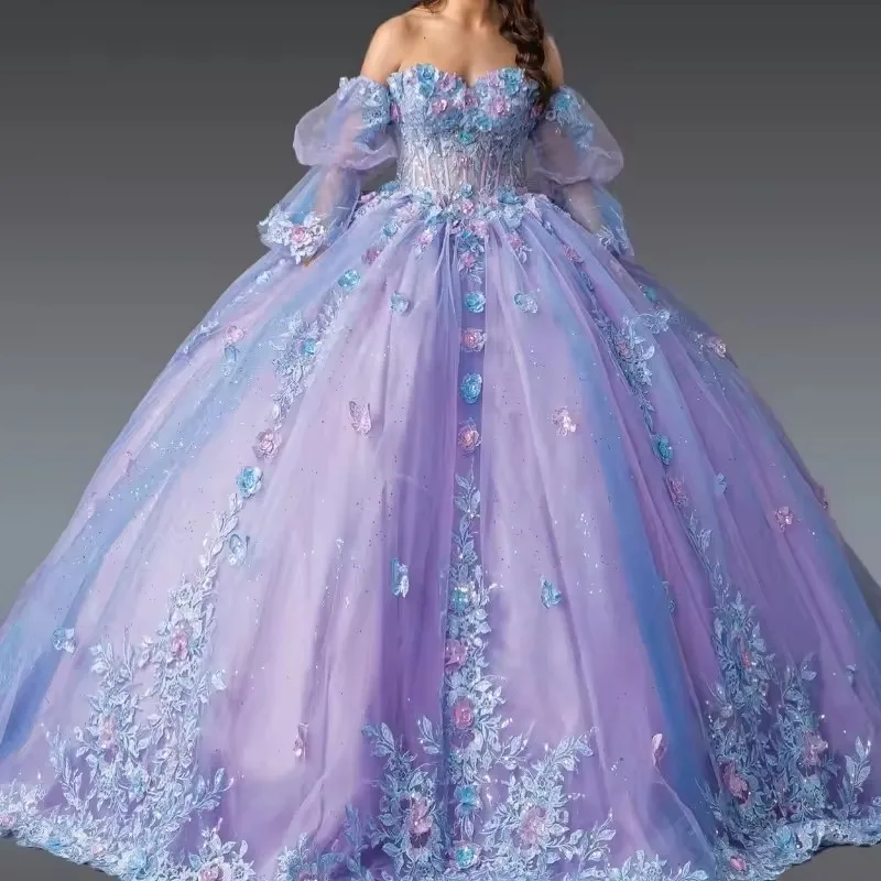 Sky Blue Sweetheart Ball Gown Quinceanera Dress With Bow Mexican 3D Butterfly Vestidos De 15 Quincea&ntilde;eras Formal