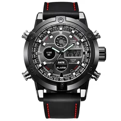 Men's Fashion Leather Band Watch - Dual Time Design in Black (Black red 3022)