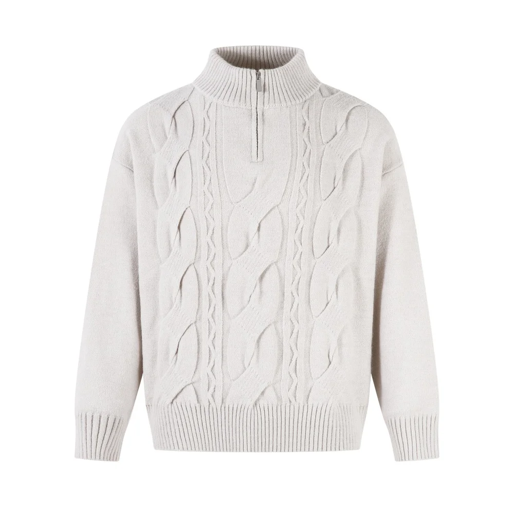 Solid Color Jacquard Sweater Mens Autumn Winter Casual Loose Half Zipper Long Sleeve Sweater Man
