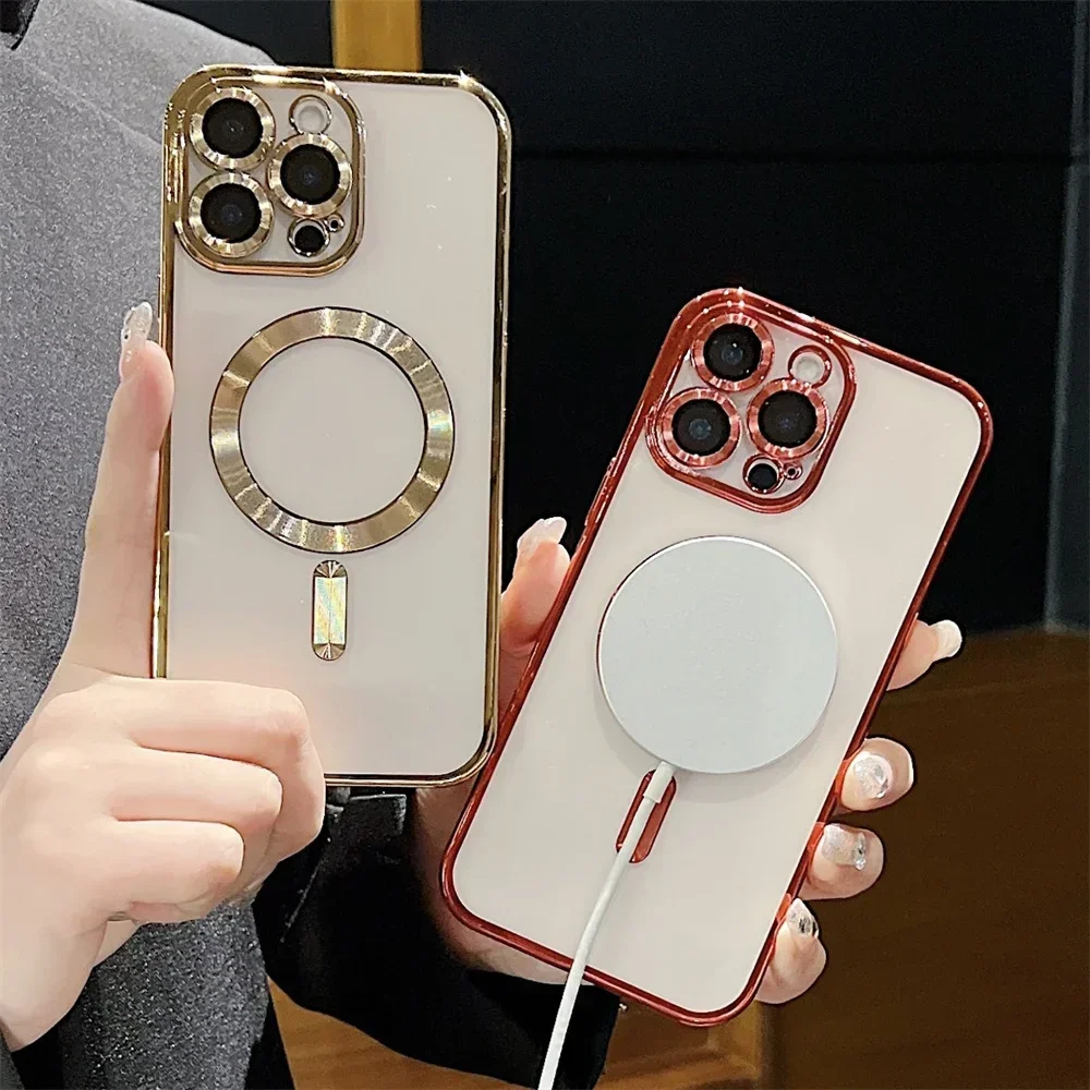 For Magsafe Transparent Case for iPhone 11 12 13 14 15 16 Pro Max Plus 12 13 Mini With Glass Lens Film Shockproof Soft Cover_voghion.com